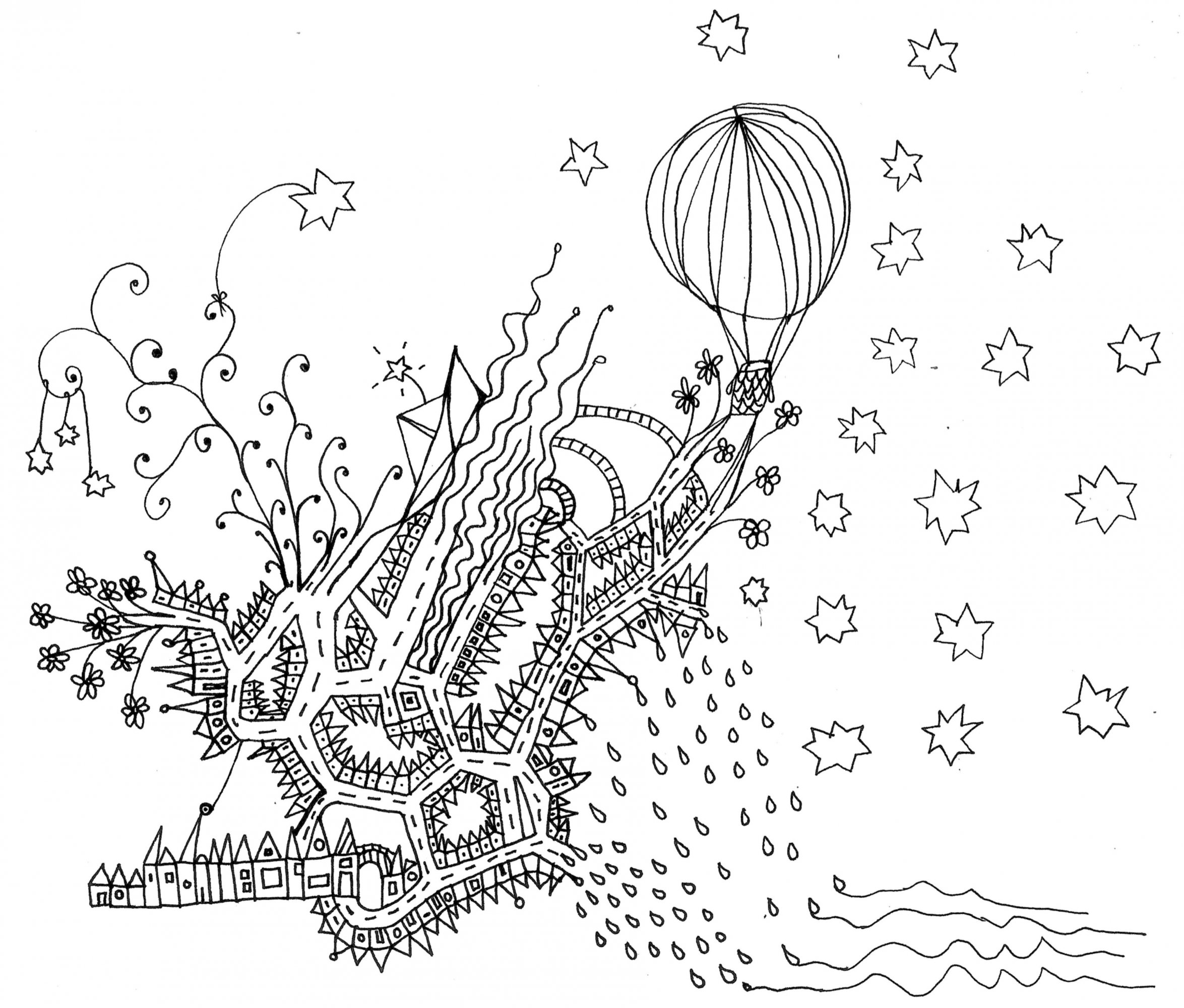 Fineliner-Illustration verworrene Landschaft mit Straßen, Häusern, Heißluftballon, Sternen, Regentropfen, Meer …